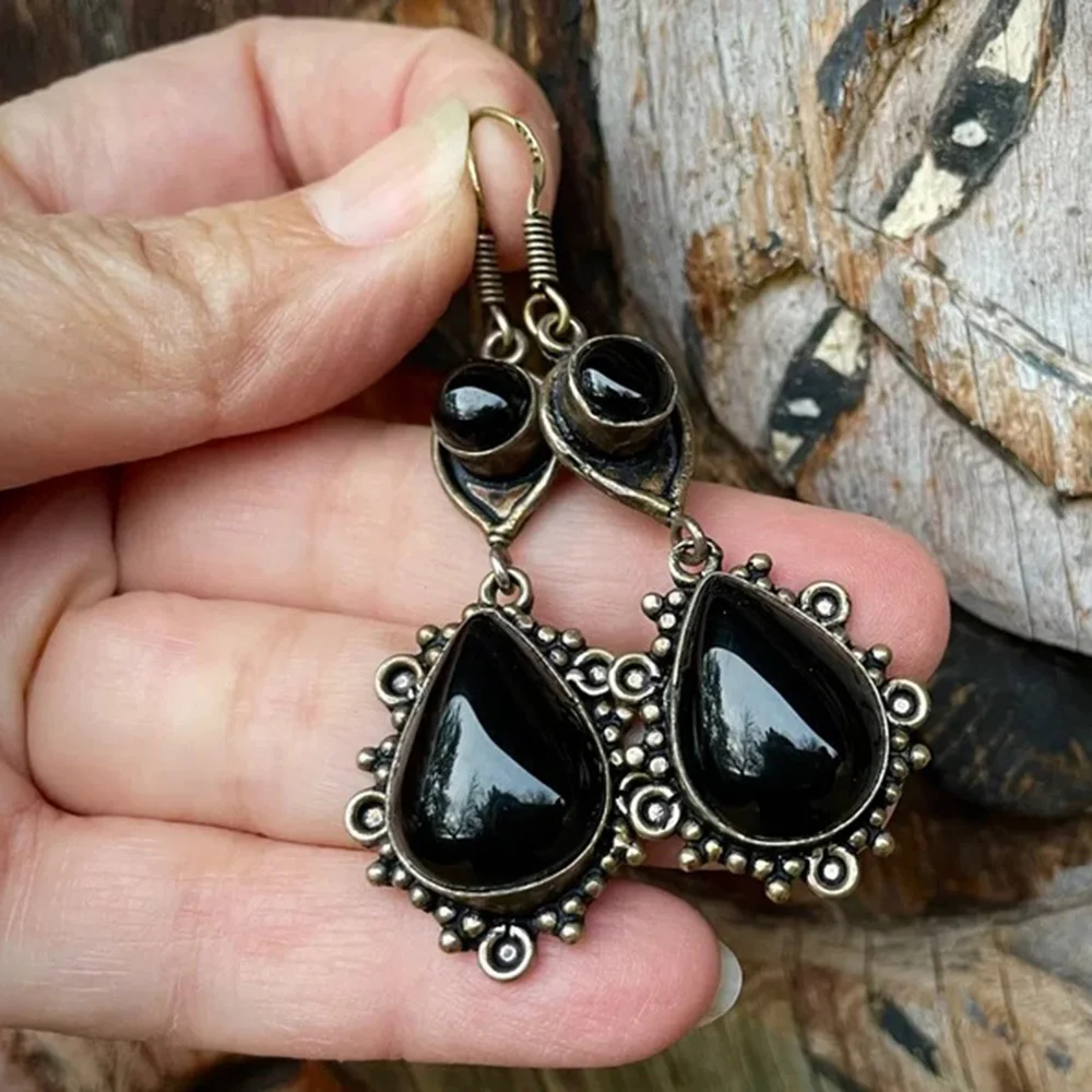 

Bohemian Vintage Water Drops Dangle Earrings For Women Inlaid Black Stone Hanging Earrings Ear Jewelry Wholesale