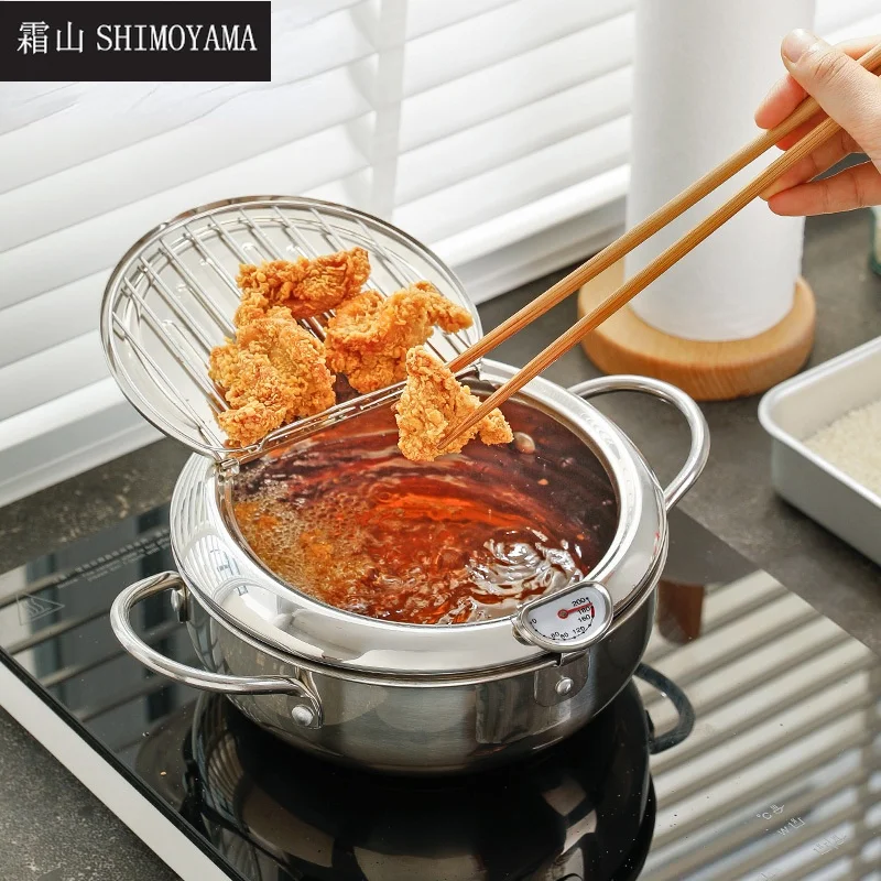 

SHIMOYAMA Japanese Deep Frying Pot 401 Stainless Steel Tempura Fryer Pan with Thermometer Oil Drip Lid Kitchen 20cm Frying Pan
