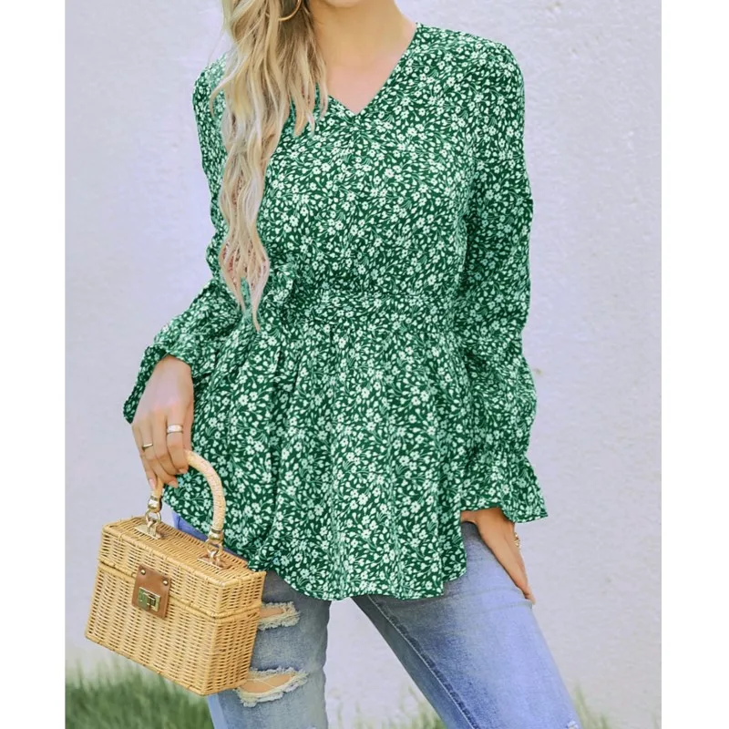 Сплошной цвет элегантная женская блузка с цветочным принтом осенняя