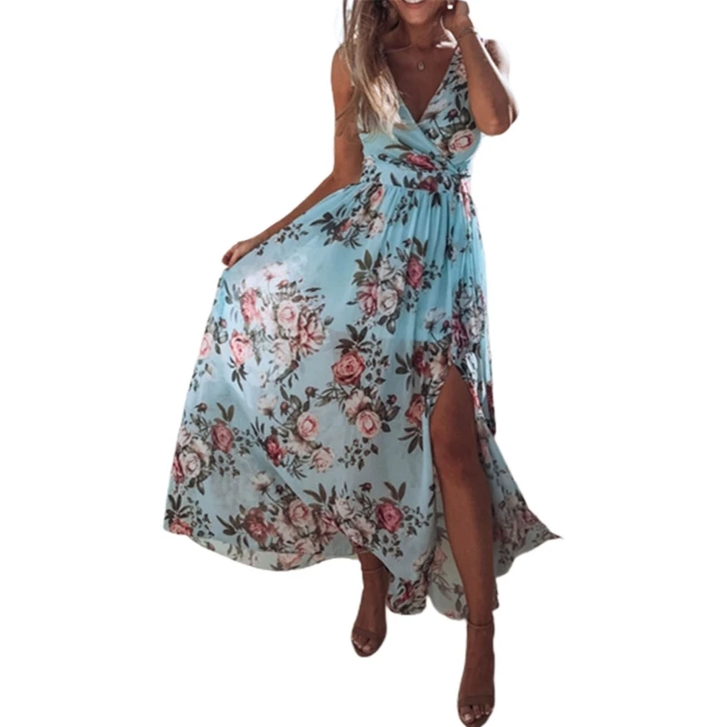 

Женское шифоновое платье-трапеция без рукавов, летнее пикантное длинное платье с V-образным вырезом и цветочным принтом, с разрезом, 10CD