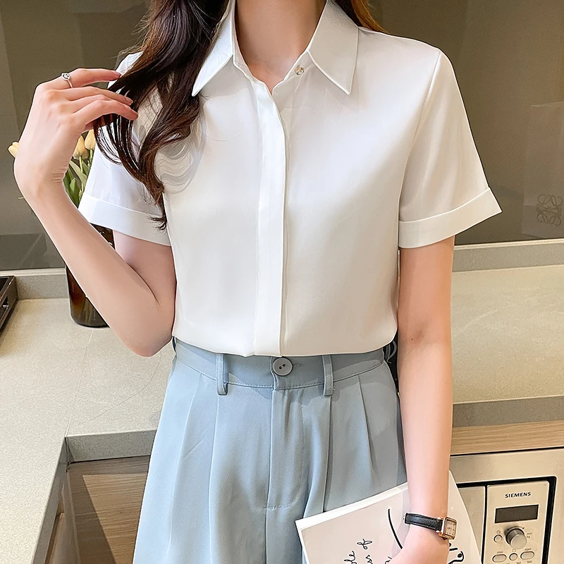 

White Color Acetate SATIN Office Lady V-Neck Short Sleeve Woman Tops 2022 Summer Season Korean Fashion Blouses Tops