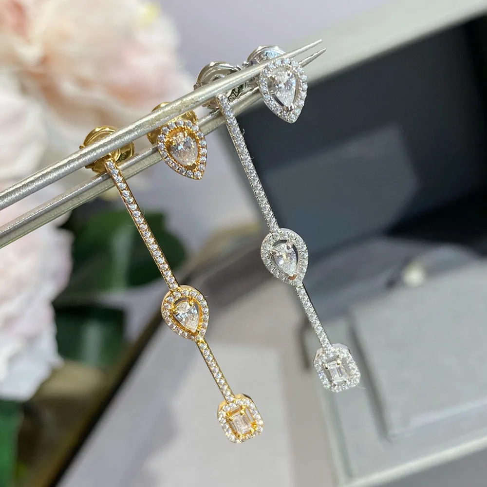 

2022 Newest Quality Luxury Brand V Gold Geometry Asymmetry Earrings Sparkling Pear-shaped Stones Modern Women's Designer Jewelry