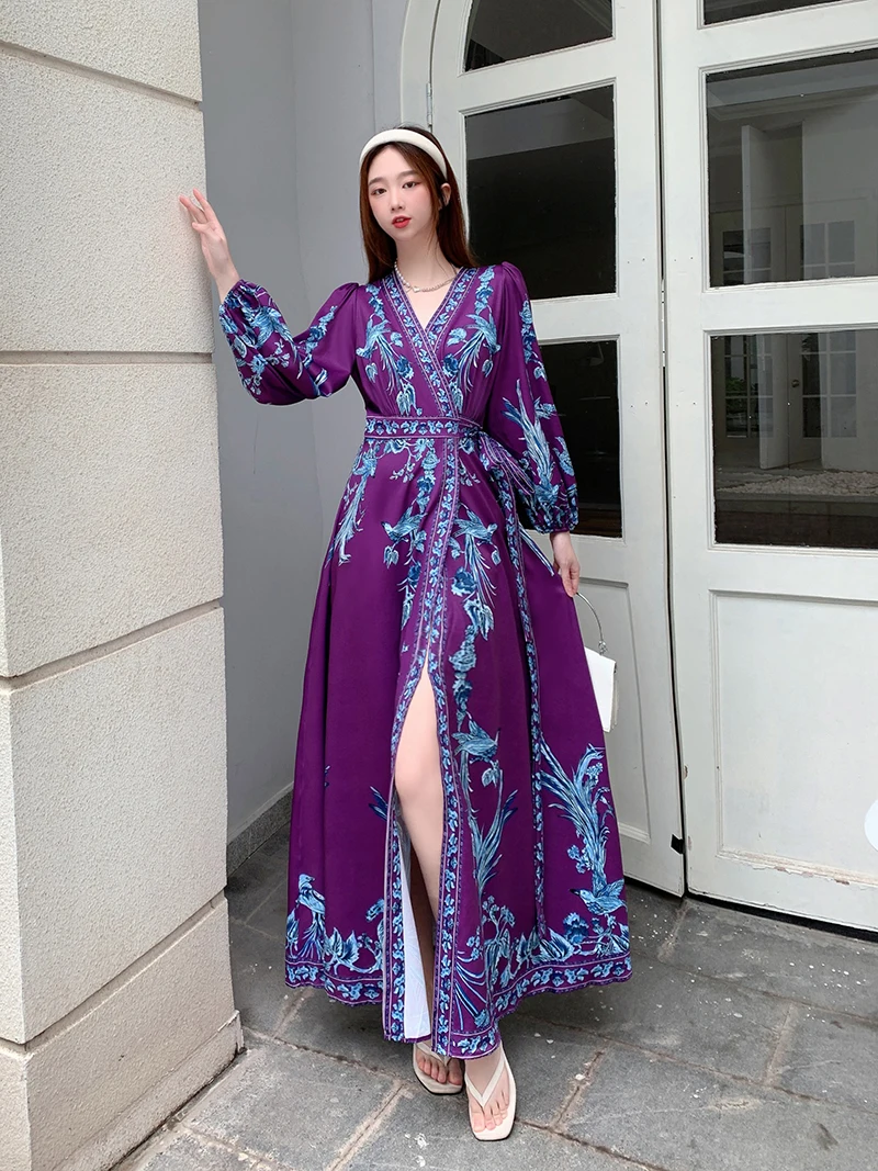 

SuperAen 2022 Spring/Autumn V-Neck Full Printing A-LINE Casual Ankle-Length Dresses Women