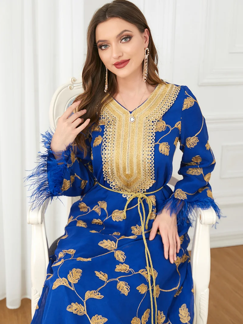 Ramadan Abaya Appliques Lace Tape V-Neck Islamic Dresses Guipure Lace Insert Belted Kaftan Feathers Sleeves Gorgeous Party Style