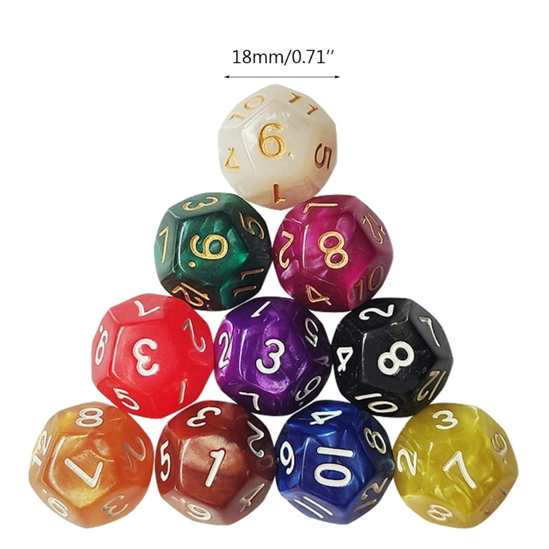 

10Piece Solid Acrylic Dice 12 Sided Sculpture Digital Dice for Club/Party/Family DIY Board Game Accessories 18mm