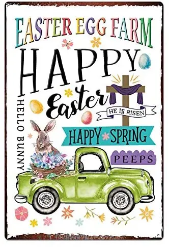 

Пасхальный металлический жестяной знак, Пасхальный кролик, знаки весеннего двора, 8x12 дюймов, винтажный оловянный фермерский синий пикап, гр...