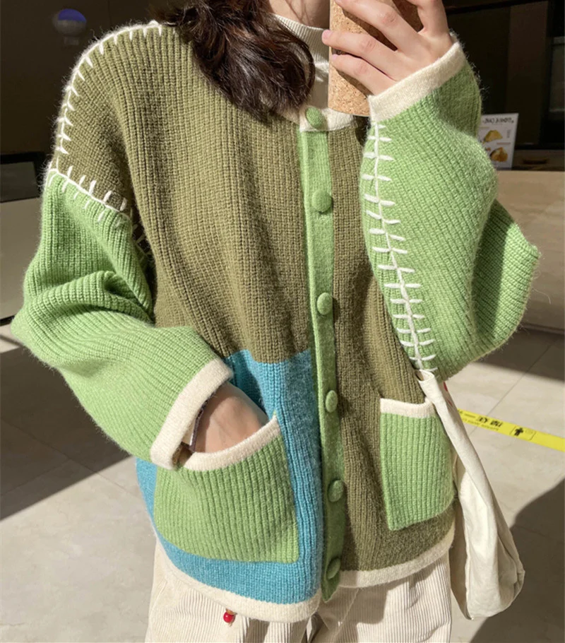 

Korean Hand Knitted Contrast Stitched Sweater Jacket Women's Autumn Winter 2022 New Design Loose Knit Cardigan