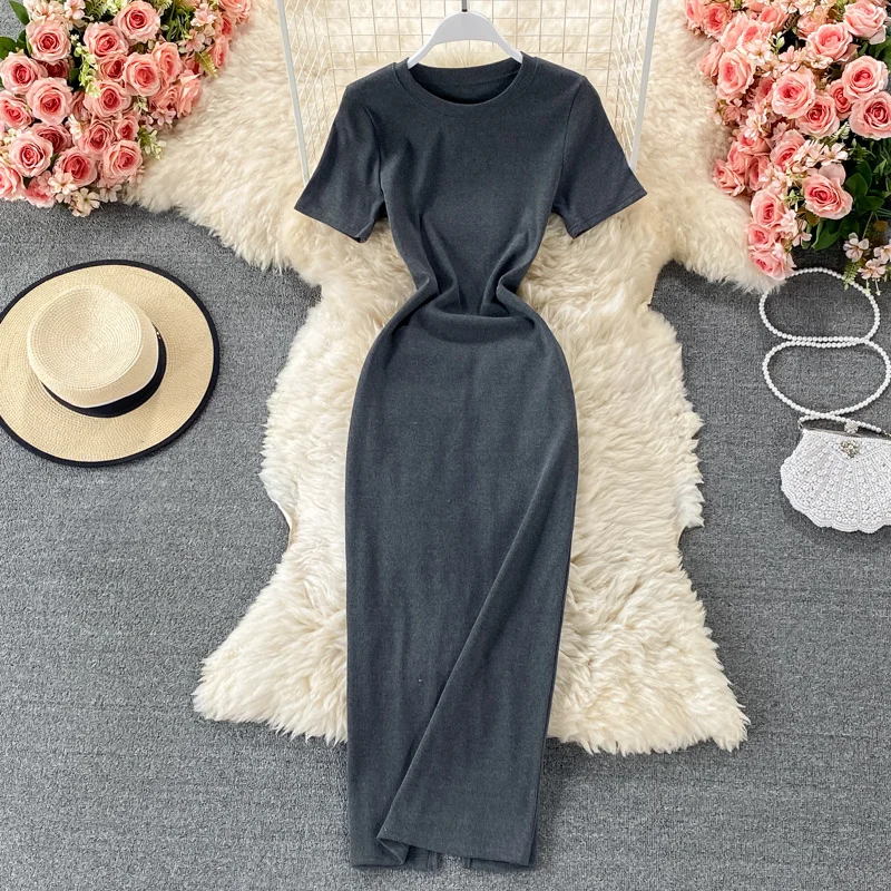 

Женское облегающее платье выше колена, корейское серое платье с круглым вырезом и коротким рукавом, длинное платье с разрезом, лето