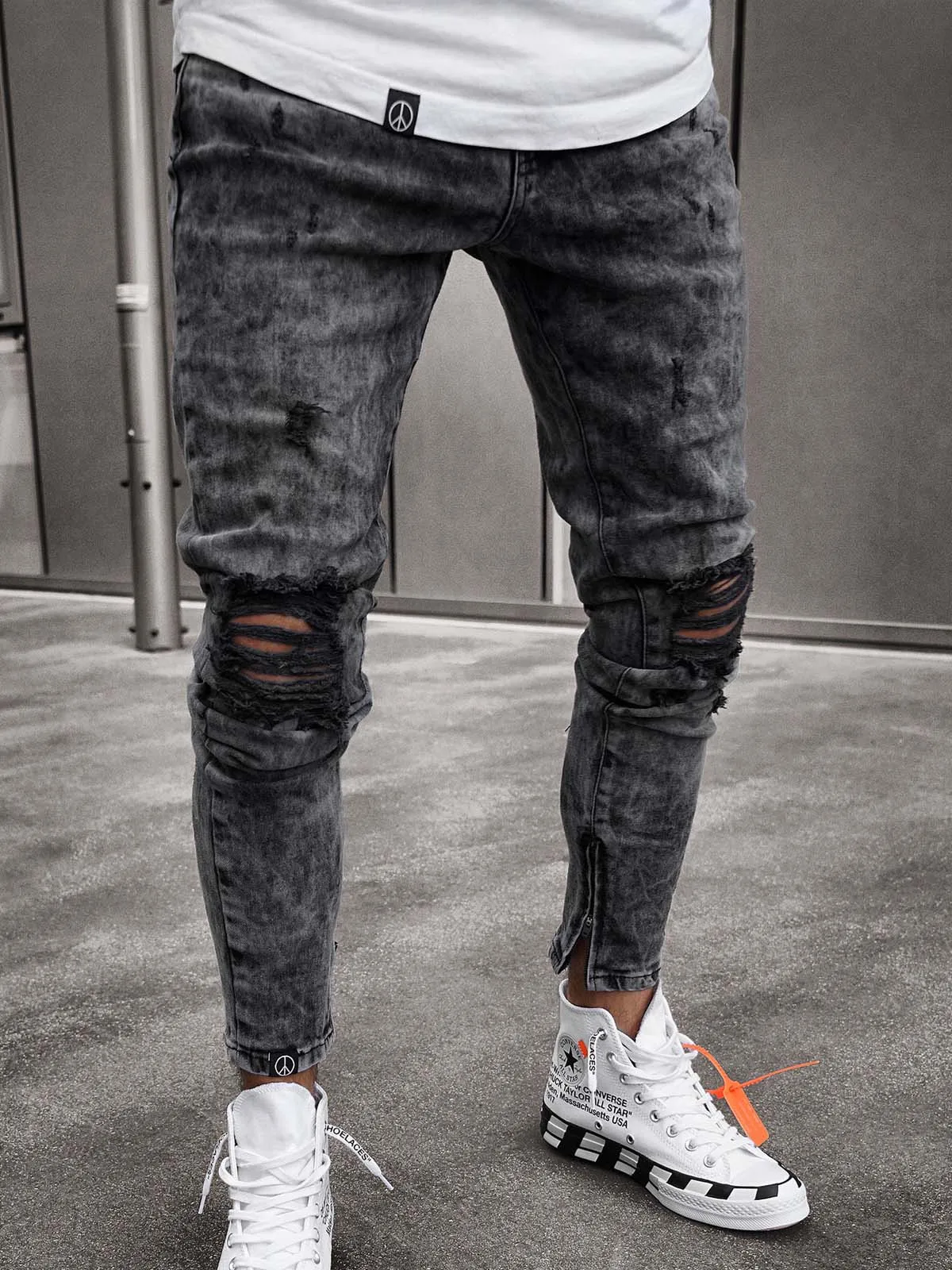 

Fashion Ripped Men's Jeans Spring Autumn Slim Small Feet Zipper Denim Pants Boyfriend Hip Hop Jeans Streetwear Men's Clothing