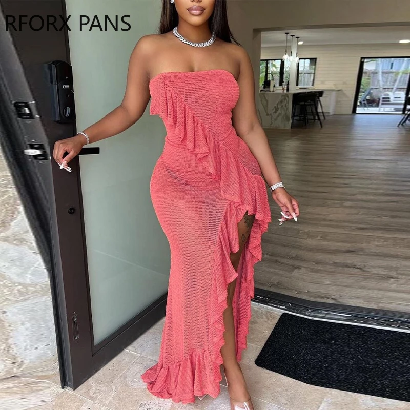 

Женское однотонное трикотажное Макси-платье без бретелек, без рукавов, с оборками на подоле