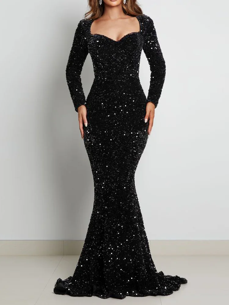 Long Sleeve Padded Sequin Maxi Dress Floor Length Sparkles Stretch V Neck Mermaid Formal Evening Night Party Gown Grey Black Red
