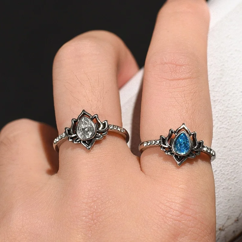 

Boho Vintage Women Zircon Lotus Ring Water Drop Flower Diamond Ring Charm Crystal Ring Fashion Wedding Party Jewelry Gift