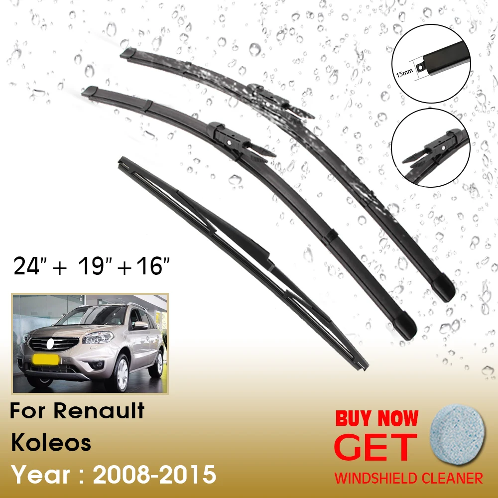 

Car Wiper Blade For Renault Koleos 2008-2015 Windshield Rubber Silicon Refill Front Window 24"+19"+16"Auto Accessories