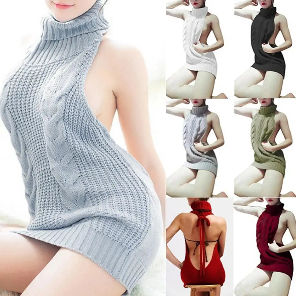 

New Sexy Women's Sweater Fashion Backless Sleeveless Turtleneck Pullover Knit Sweater Virgin Killer Cosplay Dress Female Jumpers