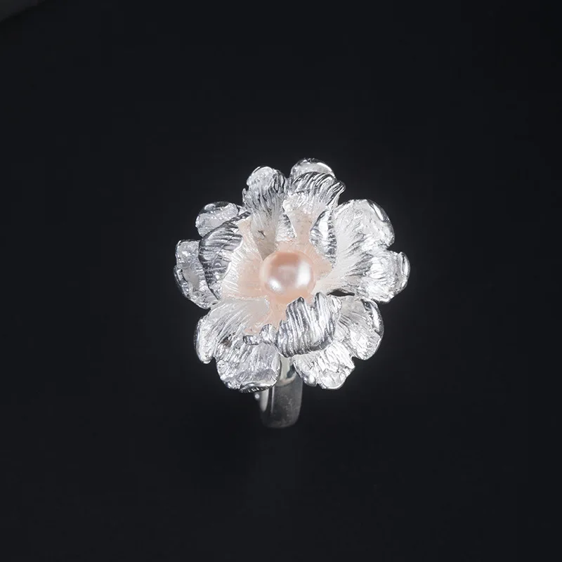 s925 Sterling silver Open Ring Women's Pearl Peony Literary Simple Chinese Style Flower Jewelry Wholesale Gift