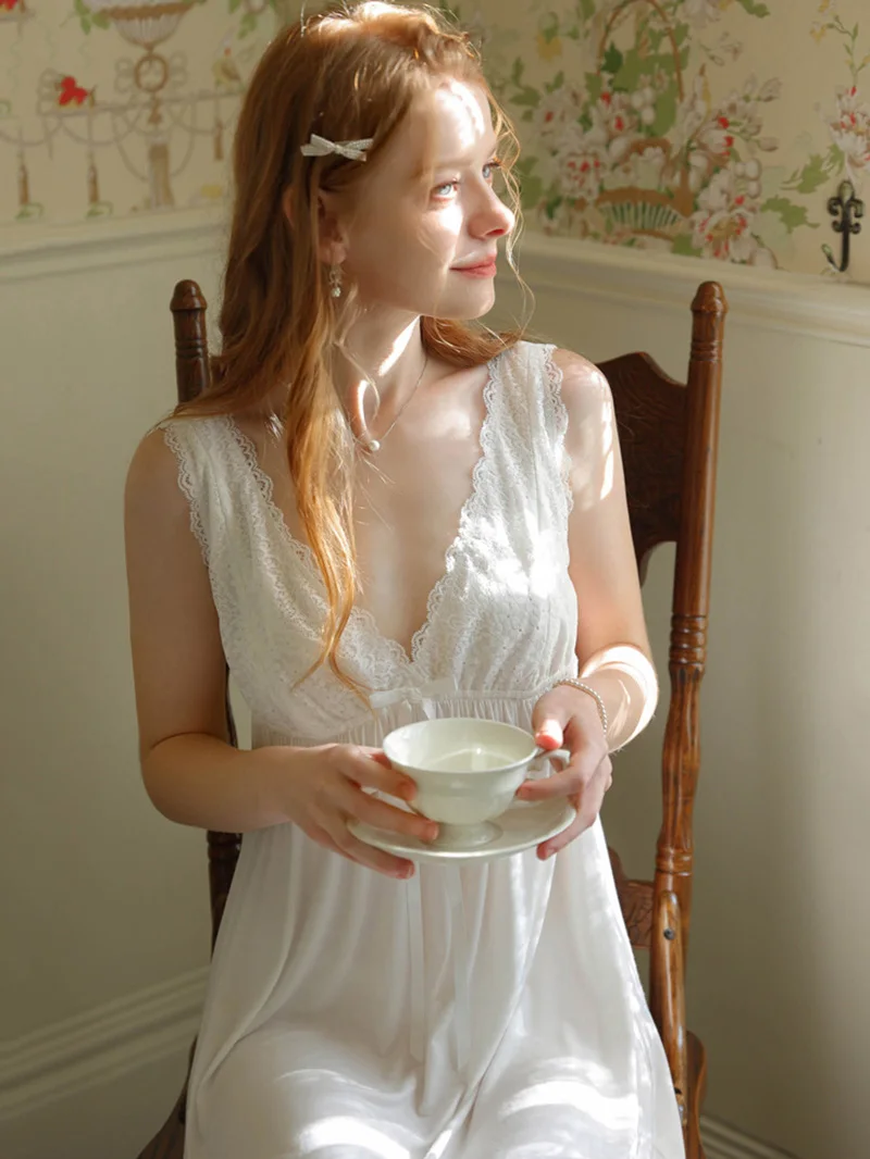 Women Spring Summer Sleepwear Sexy Lace Crop Sleeveless Nightdress Modal Fairy V-neck Princess Pajamas Victorian Nightgowns