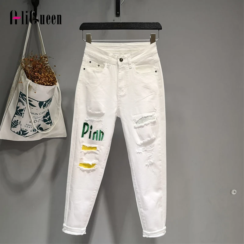 

Spring Fall Streetwear Women High Waist Harem Jeans Letter Embroidery Flares Ankle-length White Ripped Holes Denim Pants 4XL