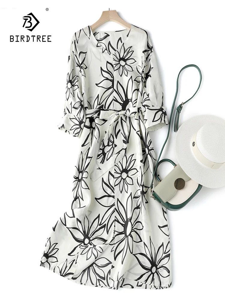 

Birdtree 22MM 100%Mulberry Silk Elegant Print Dress Lace up Fashion V-Neck Shirt S leeve Twill Crepe Long Dresses New D38601QC