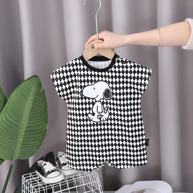

Summer New Cute Snoopy Baby Jumpsuit Black and White Plaid Cartoon Baby Short-sleeved Clothes Summer Thin Breathable Jumpsuit