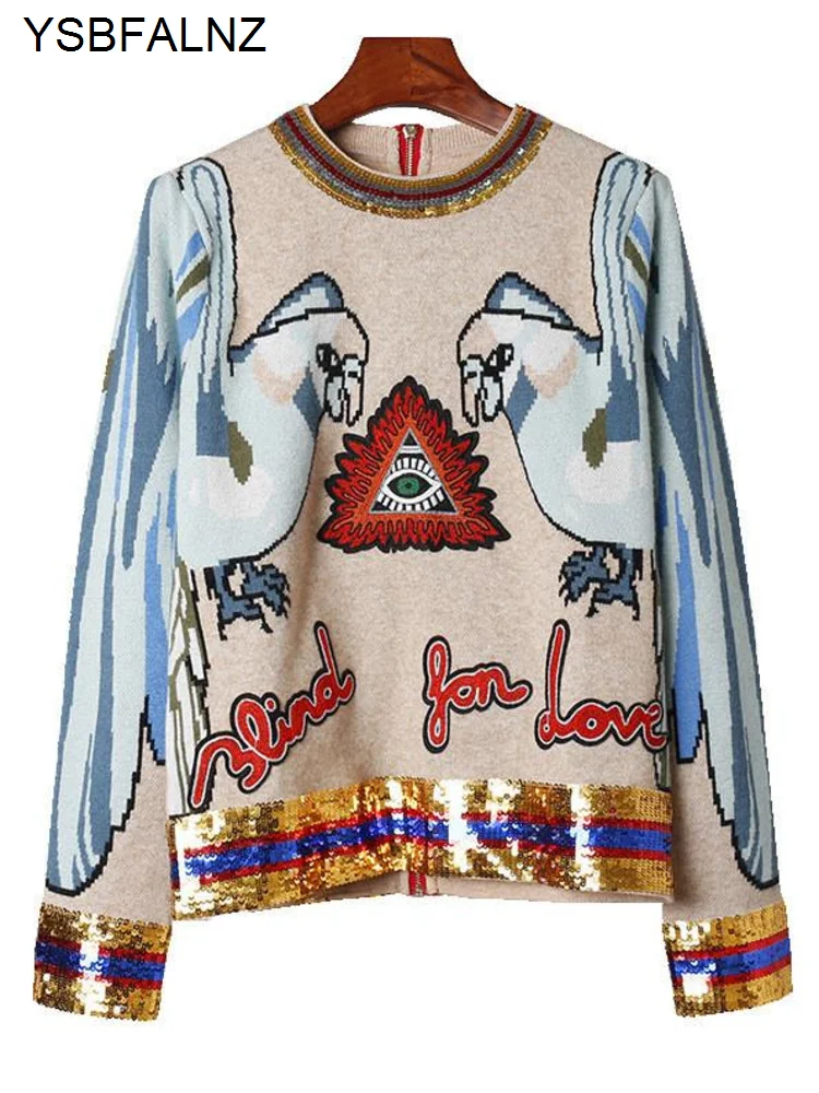 

2023 Autumn Winter Runway Embroidery Sequined Knitting Sweaters Fashion Parrot Jacquard Long Sleeve Neck Women Pullover Tops