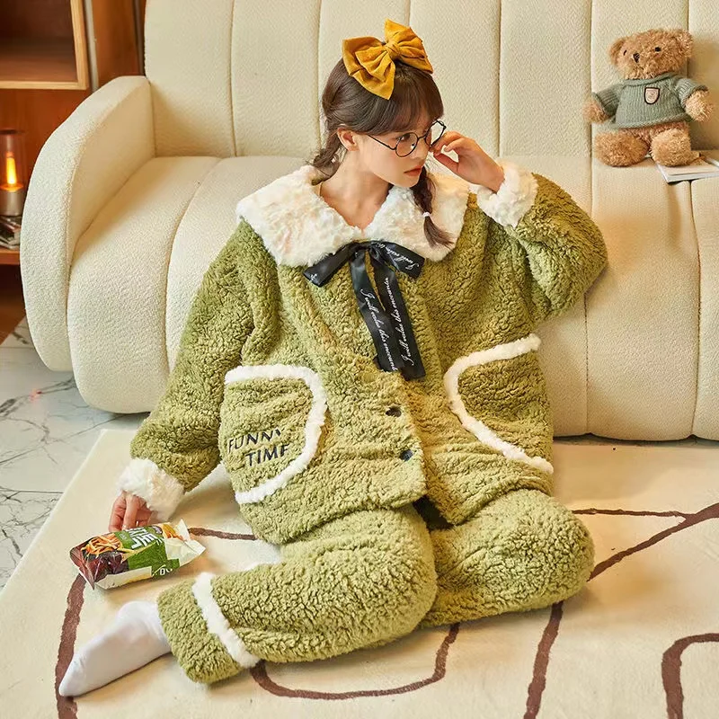 Winter Women Coral Fleece Pajamas Sets 2022 New Thick Warm Flannel 2 Piece/Set Sweet Cute Loungewear Home Clothes Female