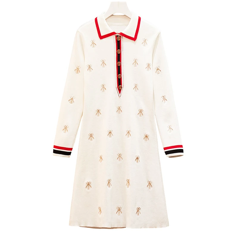 

Women Little Bee Embroidered Polo Dress Long Sleeve Knit Dresses Black Casual Knee-length Straight Dress Female Spring New 2022