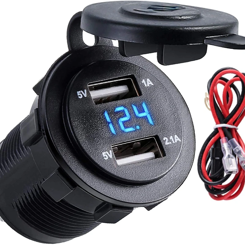 12V/24 Cigarette Lighter Socket, Dual USB Voltmeter Car Cigarette Lighter Plug Waterproof Car Marine Motorcycle for Travel Use