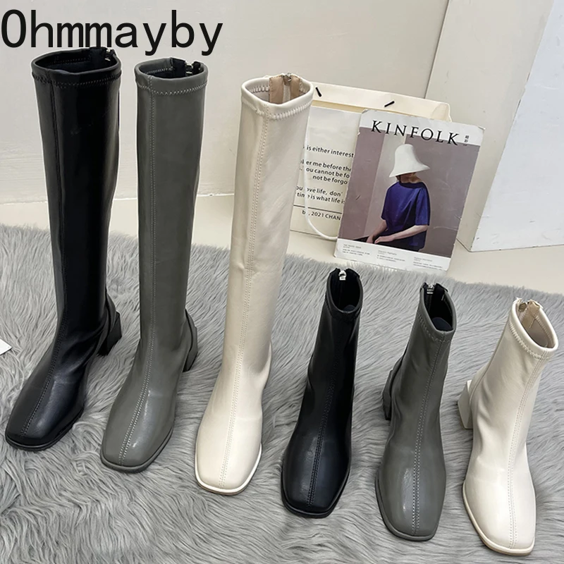 

Slim Woman Knight Knee-high Boots Square Heel 6CM Ladies Zippers Fashion Soft Leather Winter Long Boots 2022 Shoes For Women