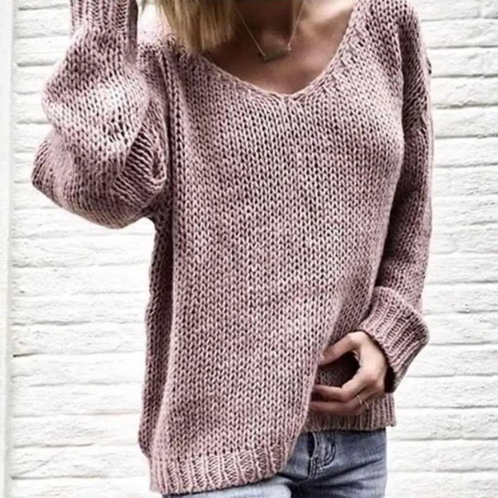 

2022 Casual Women's Loose solid color Knit Sweater V-neck long sleeve Top for women's wear
