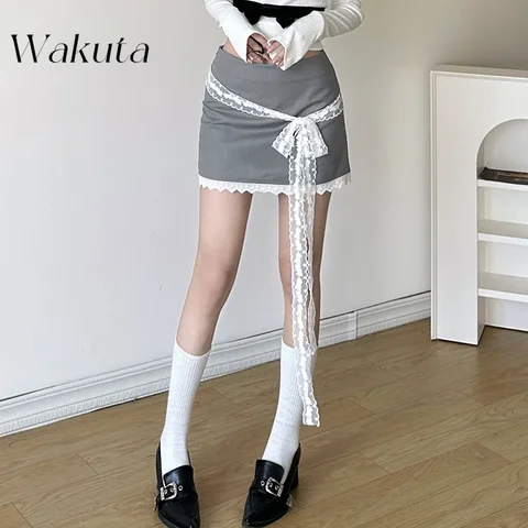 WAKUTA осень/зима женская уличная мода с высокой талией кружевная юбка до половины тела женская повседневная короткая юбка Y2k MiniA-word с поясом