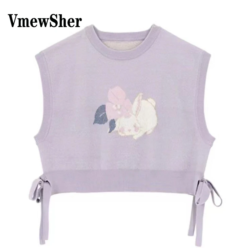 

VmewSher Purple Cute Rabbit Knitted Vest Women Spring Autumn Vintage Outwear Short Lace Up Sweater Tank Top Chic Pullover 2023