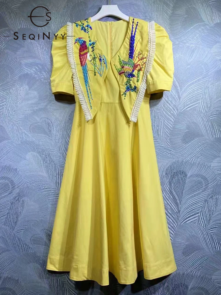 

SEQINYY 100% Cotton Dress Summer Spring New Fashion Design Women Runway High Quality Crystal Beading Embroidery Bird A-Line