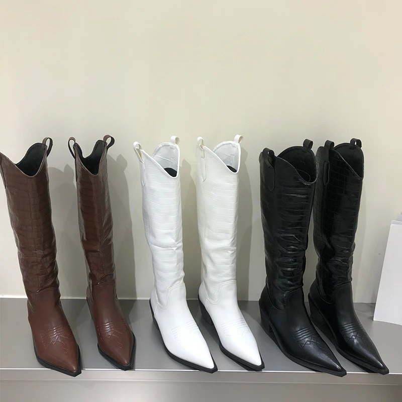 

Женские осенние сапоги Челси в западном стиле, черные туфли-лодочки до колена с острым носком в британском стиле, современная женская обувь ...