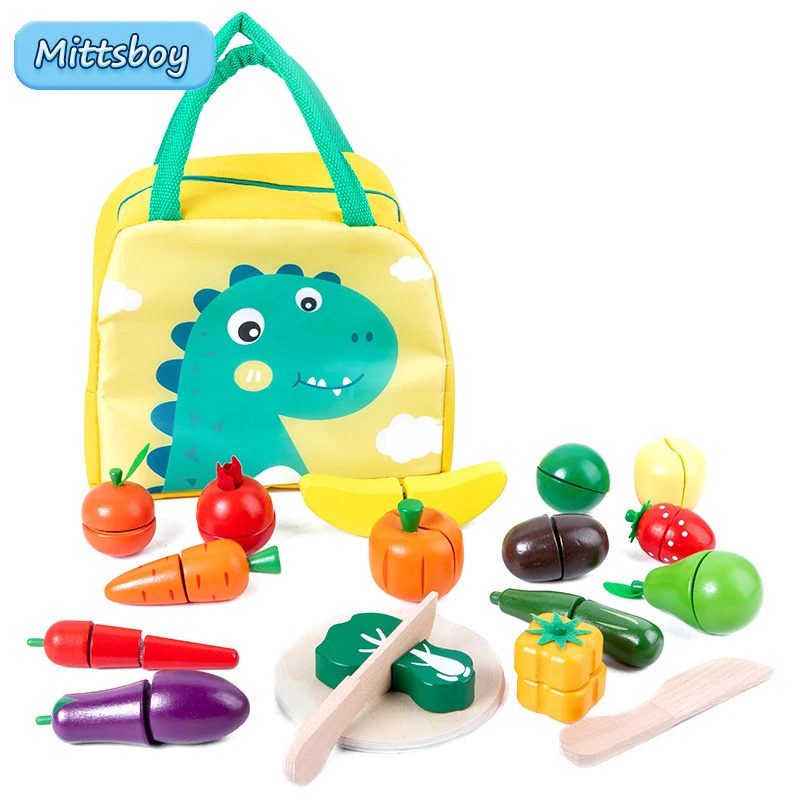 

Simulation Fruit Vegetable Wooden Chechele Toy Storage Bag Child Play House Girl Kitchen Set Fruit Cutting Educational Toy Gifts