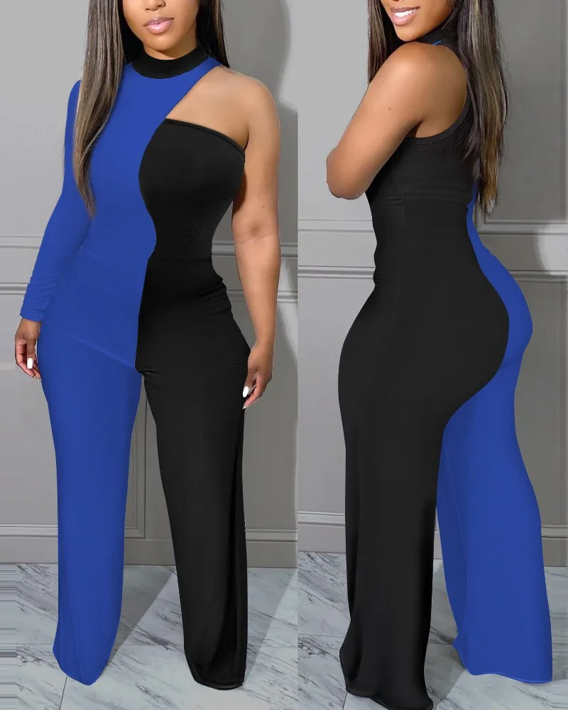 Autumn Fashion Color Contrast Print Jumpsuit Women Sexy Off Shoulder Single Sleeve Wide Leg Jumpsuit Women