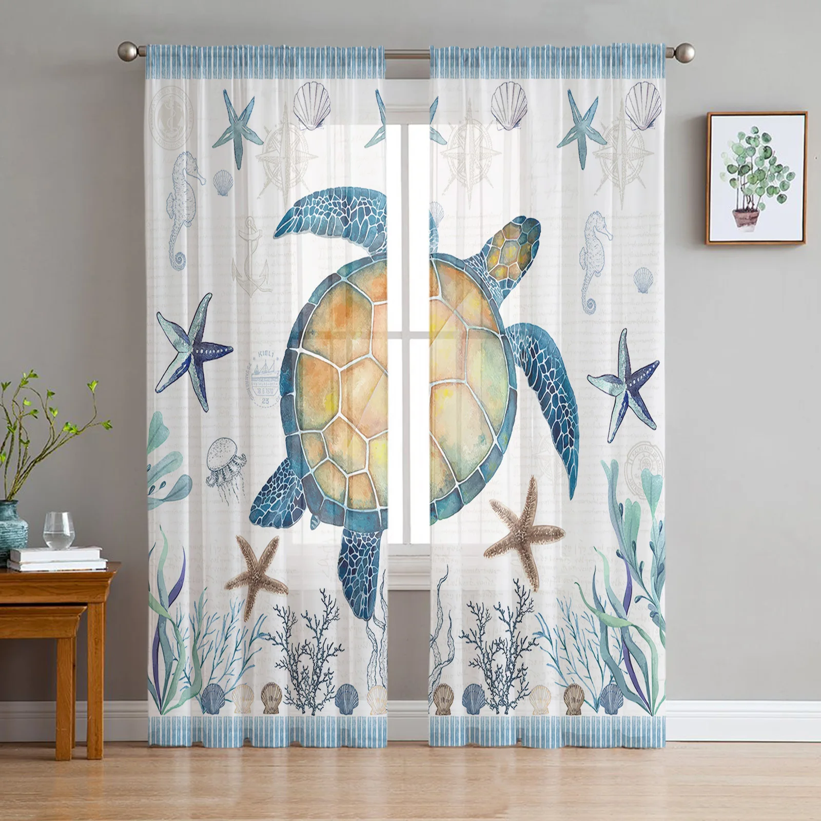 

Sea Turtle Blue Starfish Shell Sheer Curtains for Living Room Bedroom Tulle Curtain for Kitchen Home Decor Window Drapes