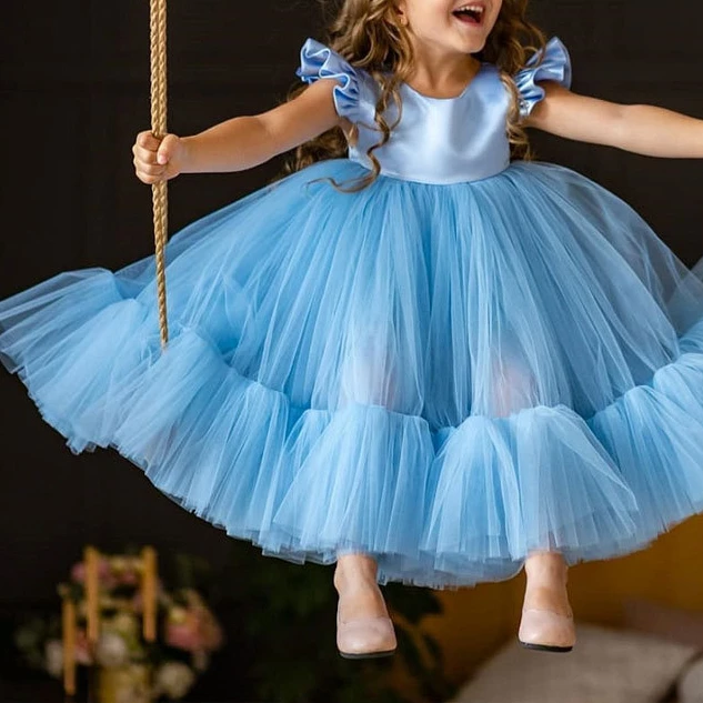 

Flying Sleeve O-neck Blue Simple Flower Girls Dresses Ball Gown Pleated Princess Vestidos Simple Sweet Kid Birthday Party Dress