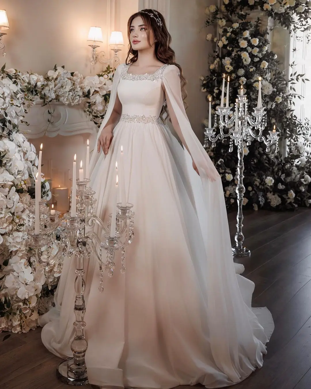 

FDY Store трапециевидные Свадебные платья с квадратным вырезом и поясом с бусинами по запросу