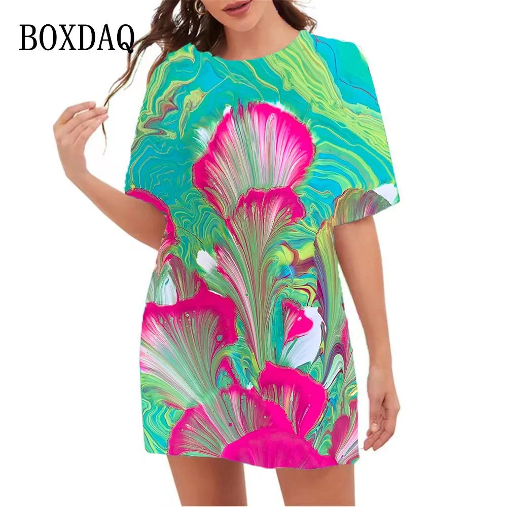 

Женское мини-платье с коротким рукавом, свободное мини-платье с 3D-принтом, украшенное цветами, утром, слава растениям, Одежда большого разме...