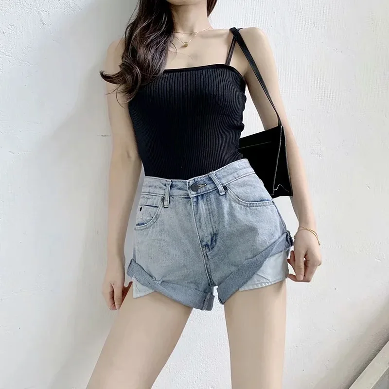 2021 Friction Flanging Pocket High Waist Denim Shorts Women Summer Trend Korean Harajuku Casual Short Jeans Female Streetwears