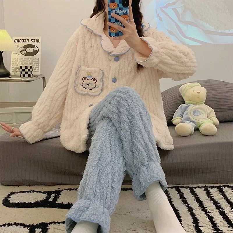 Теплая утепленная одежда для сна милых девочек топы с кукольным воротником брюки