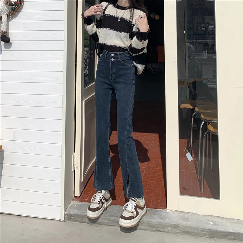 

Новые женские узкие эластичные джинсы-клеш N0102 джинсы с разрезом