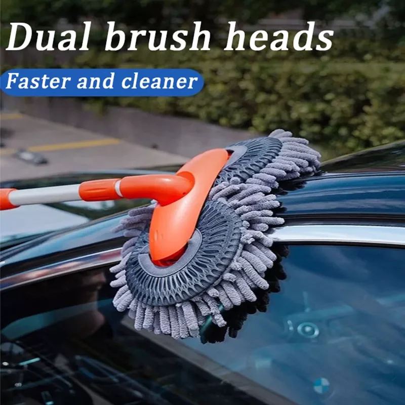 telescoping adjustable 360° Rotation Car Wash Brush Dual brush heads Long Handle Cleaning Mop Chenille Broom car Accessories