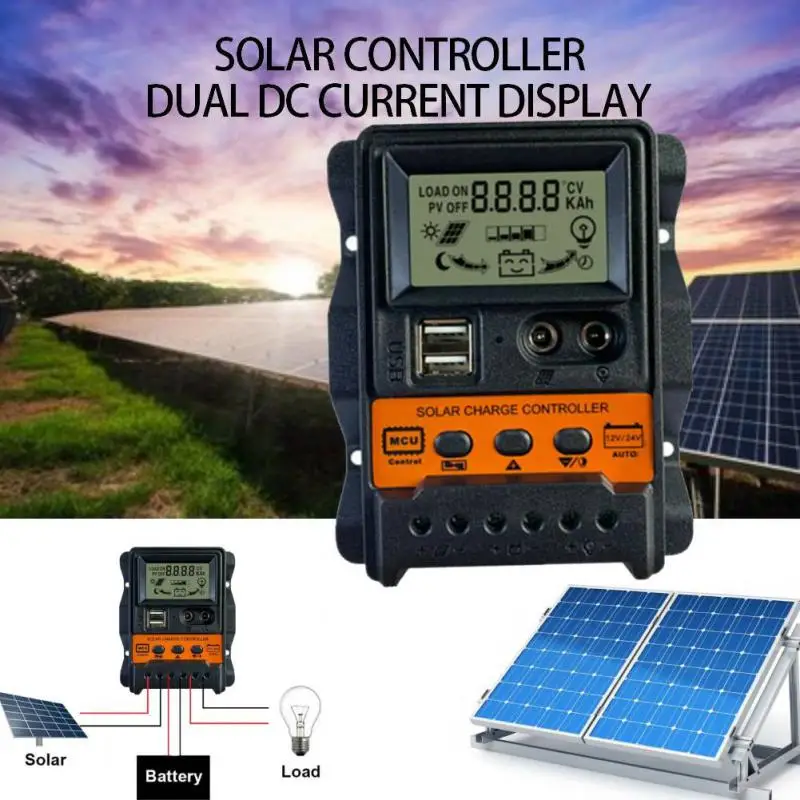 

Solar Charge Controller PWM Controller With LCD Display 10A 20A 30A 12V 24V Dual USB 5V Output Solar Panel Charger Regulator