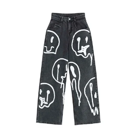 Vintage Washed Jeans Cartoon Smiley Printing Graffiti Women's High Street Trousers Casual Loose Straight Men's Wide Leg Pants