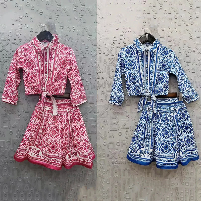 

2023 New Autumn Baby Kids Outfit Blue Flower Blouse Top+Skirt Baby Girl Children Quality Brand Pink Clothing Set for Teenagers