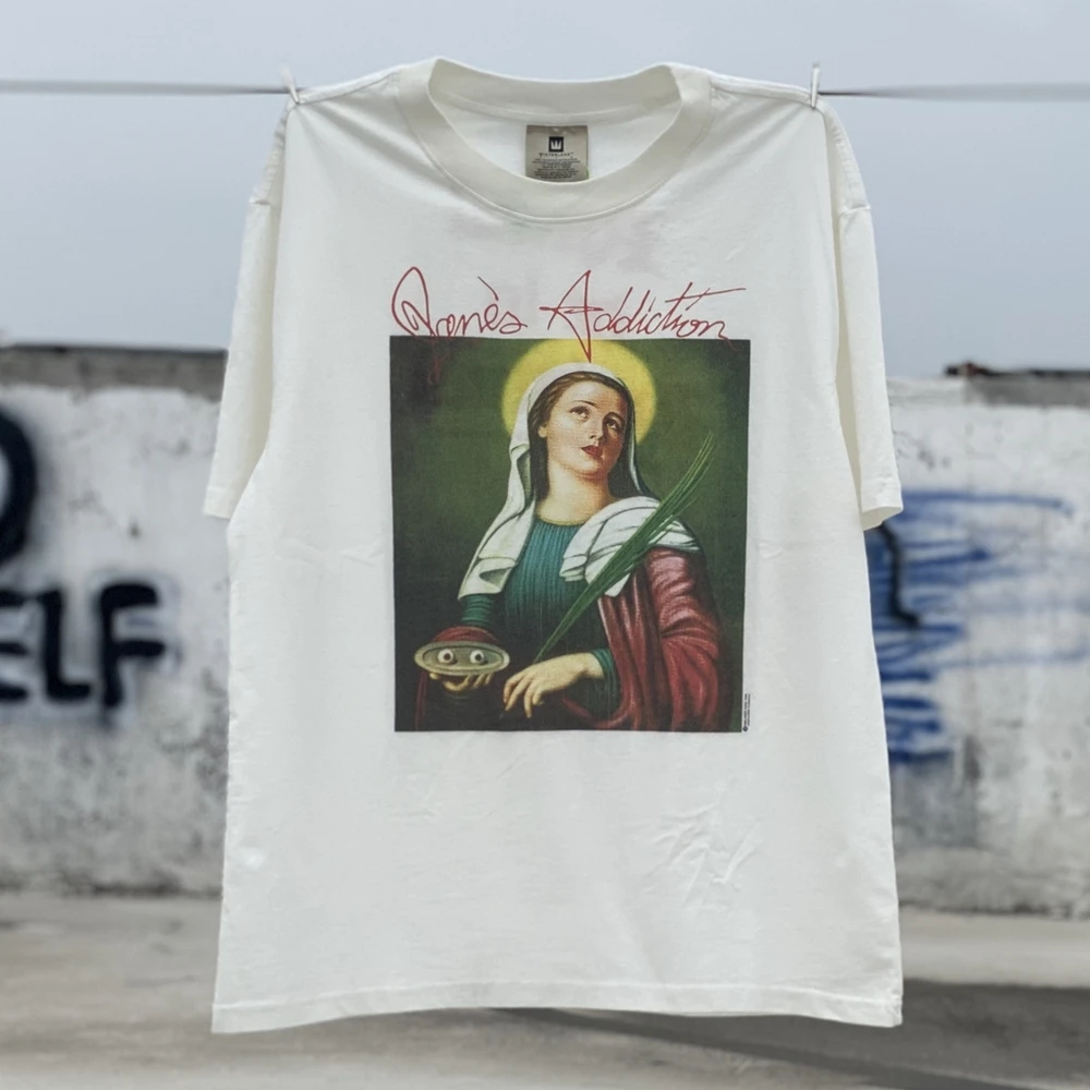 

Hip-hop Fashion Religious Virgin Lucy Retro White Ink Direct Jet Print High Street Heavyweight Made Old Wash Loose Short Sleeve