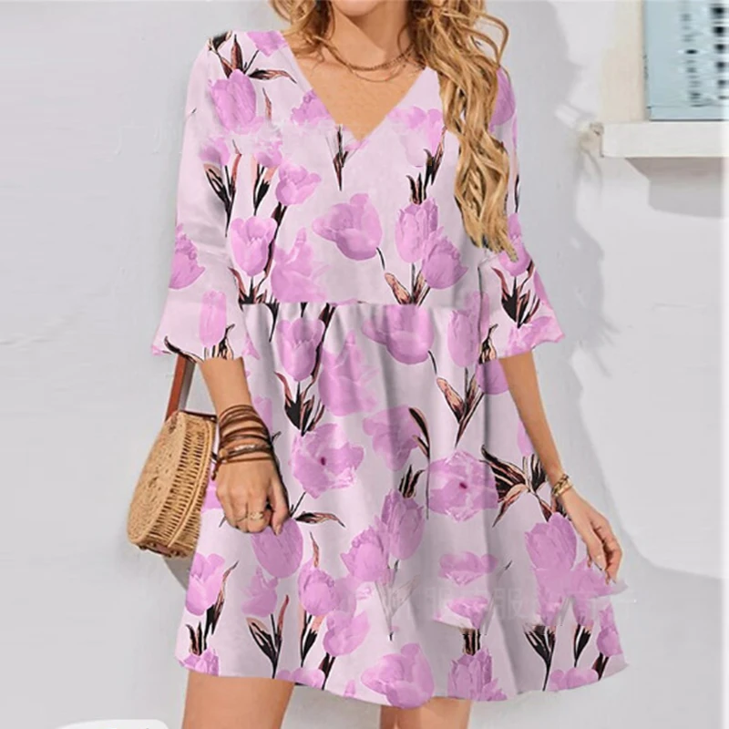 

Chic Spring Flora Print Loose Dresses Lady Elegant 3/4 Sleeve V-neck Pleated Party Dress New 2023 High Waist Women Short Dress