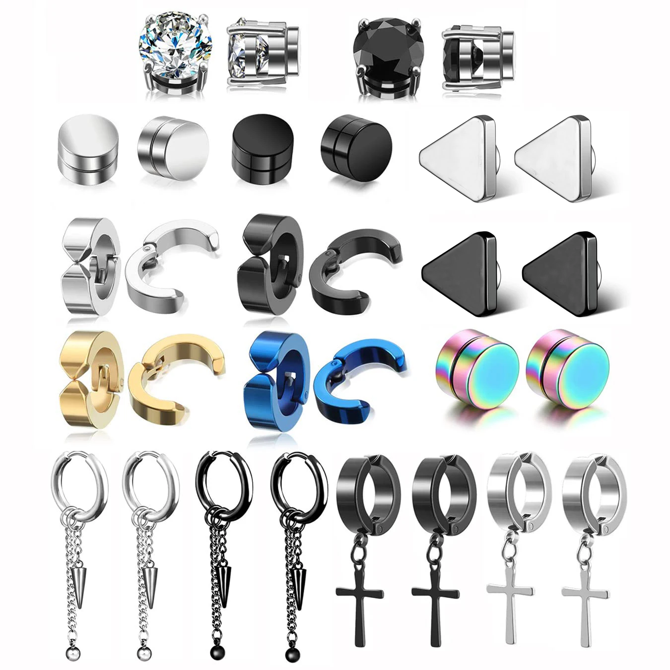 

Серьги-клипсы магнитные унисекс, комплект из 15 пар серег-гвоздиков из нержавеющей стали с кубическим цирконием, не проколотые края