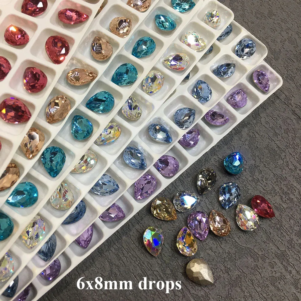 

20pcs/lot Nail Art Rhinestones K9 Glass 6x8mm Water Drop Crystal Pointback Nails Stones DIY Nail Accessories Nail Supplies